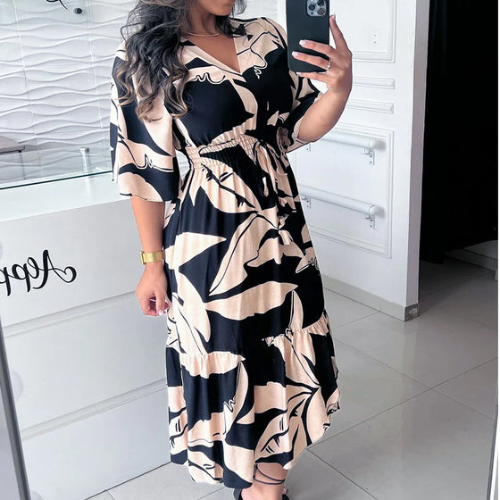 Elegantes kleid mit v-ausschnitt und dreiviertelärmeln mit kordelzug