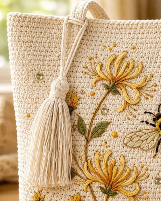 Tasche Handgefertigt Gehäkelt Biene Bestickt Tote