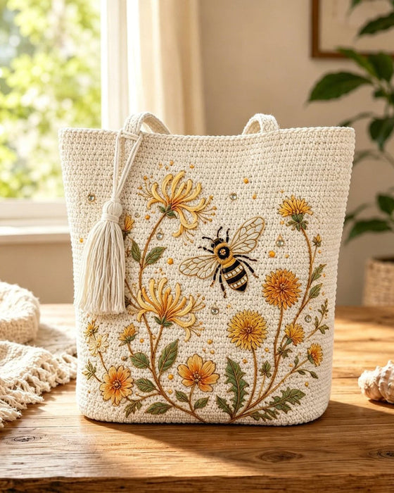 Tasche Handgefertigt Gehäkelt Biene Bestickt Tote