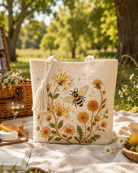 Tasche Handgefertigt Gehäkelt Biene Bestickt Tote