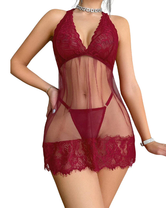 Blumige Spitze Halter Babydoll Dessous Kleid Mit Tanga