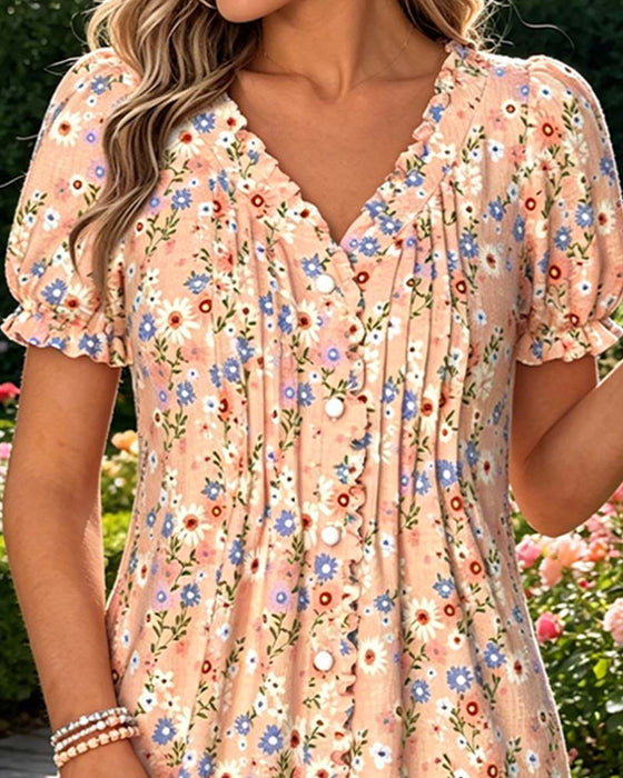 Kleid Blumen V-Ausschnitt Puffärmel Gerafft