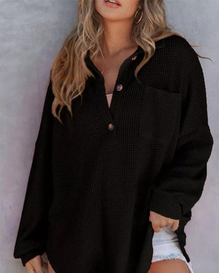 Bluse Unifarben Knopf-Leiste Locker Revers