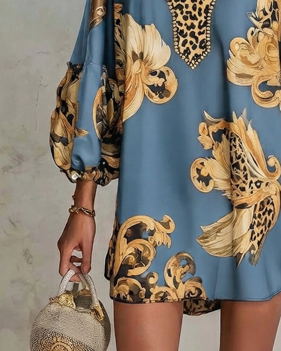 Kleid Leopard Laterne Ärmel Stehkragen Druck