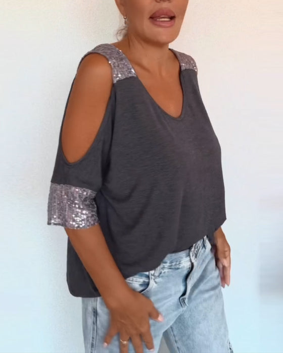 T-Shirt Mit Off - the - Shoulder - Perlenapplikation