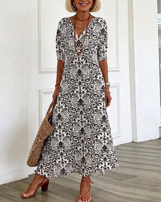 Kleid Vintage Blumenmuster V-Ausschnitt Maxi
