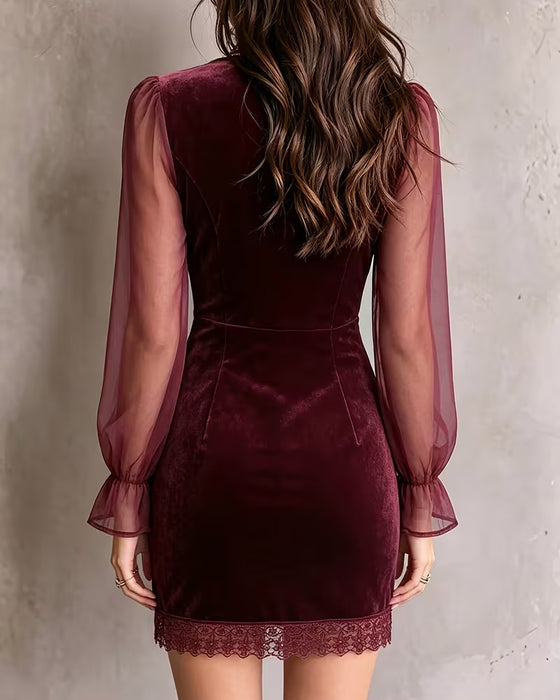 Kleid V-Ausschnitt Slim Fit Spitze Patchwork