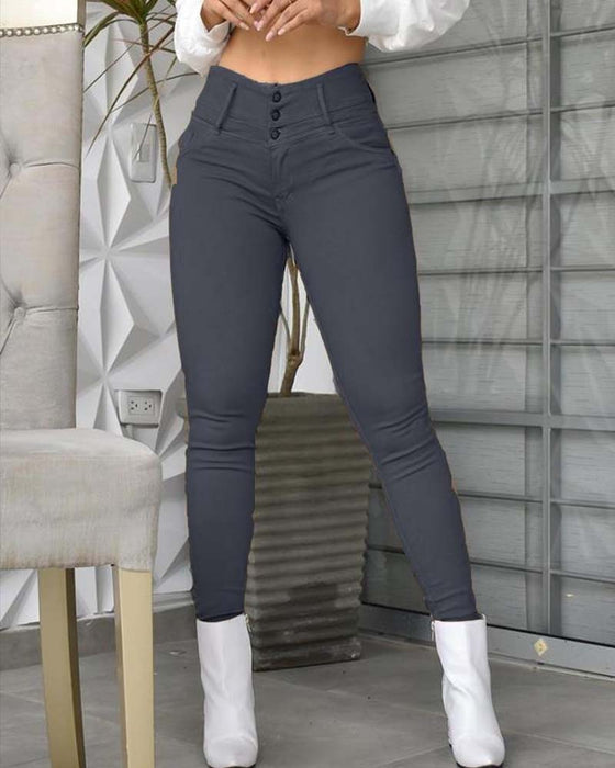 Hose Hohe Taille Tasche Knopf Enge