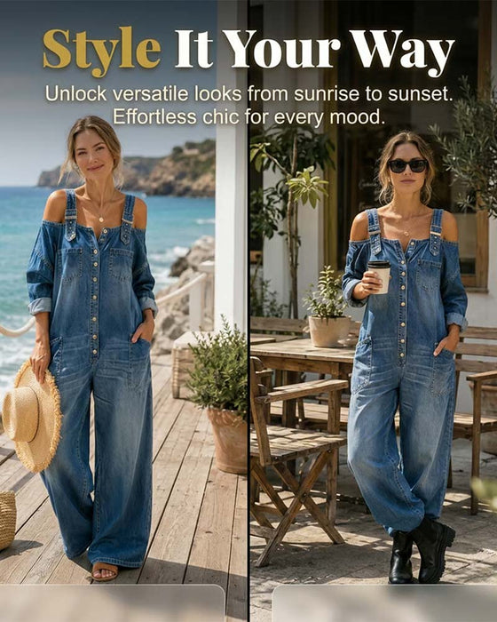 Jumpsuit Spaghettiträger Kalte Schulter Weites Bein Denim