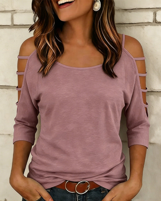 T-Shirt Uni Farbe Ellenbogenlang Ärmel Off-Shoulder
