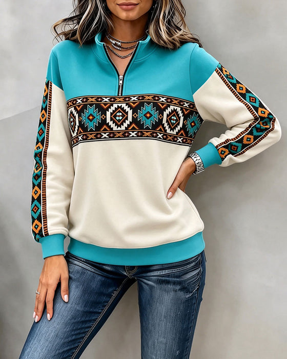 Hoodie Ethno Geometrischer Print Halbreißverschluss Mandarin-Kragen