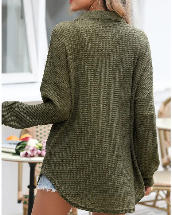 Bluse Unifarben Knopf-Leiste Locker Revers