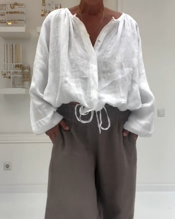 Bluse 100 % Baumwolle Langarm Geraffte Binde