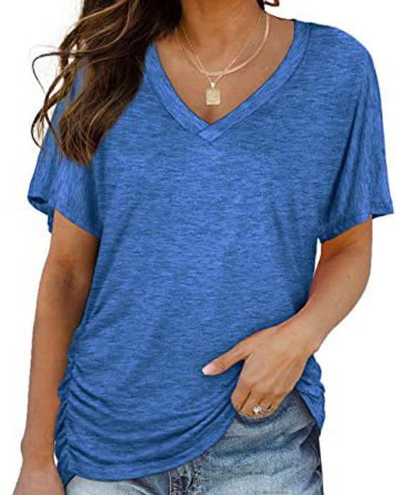 T-Shirt Plissiert Einfarbig V-Ausschnitt