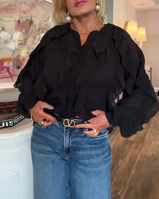 Rüschenbluse aus fließendem Stoff in Unifarbe