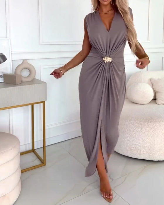 Kleid Ärmellos Plissiert Taille-Betonend Maxi