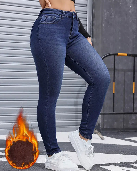 Jeans Damen Fleece-Gefüttert Einfarbig Tasche