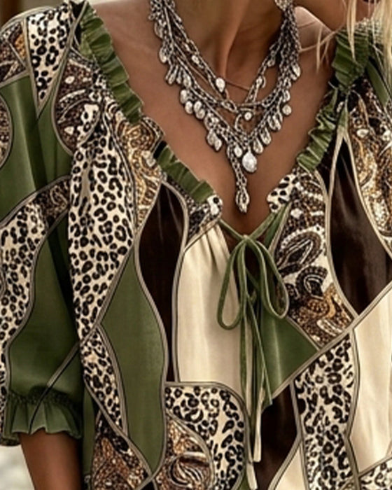 Bluse V-Ausschnitt Leopard Puffärmel Binden