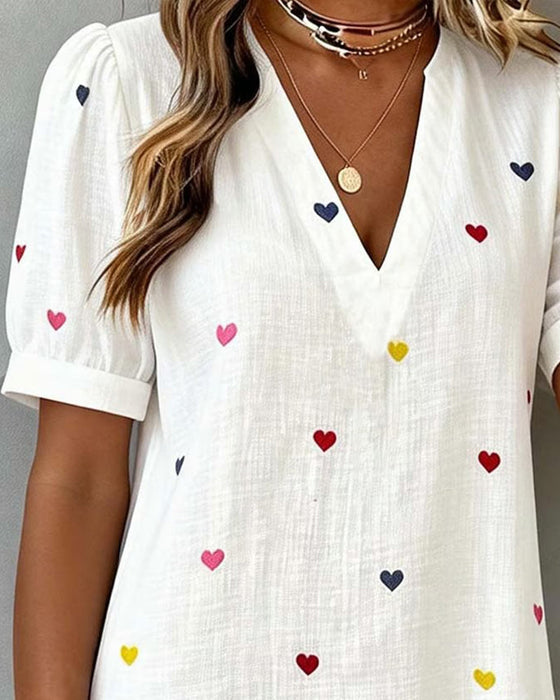 Buntes Herz-Print-Kleid Mit V-Ausschnitt