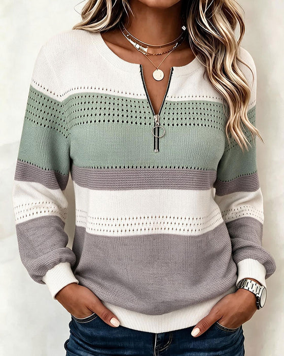 Sweatshirt Farbblock Gestreift Reißverschluss