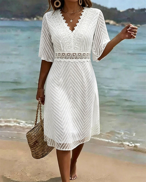 Kleid V-Ausschnitt Spitze Patchwork Ausschnitt