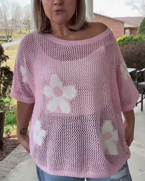 Pullover Rundhals Großes Blumenmuster Hohldesign