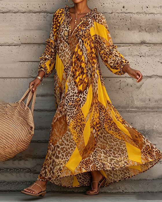 Kleid Leopard Farbblock Rüsche V-Ausschnitt