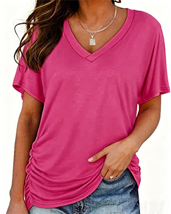 T-Shirt Plissiert Einfarbig V-Ausschnitt