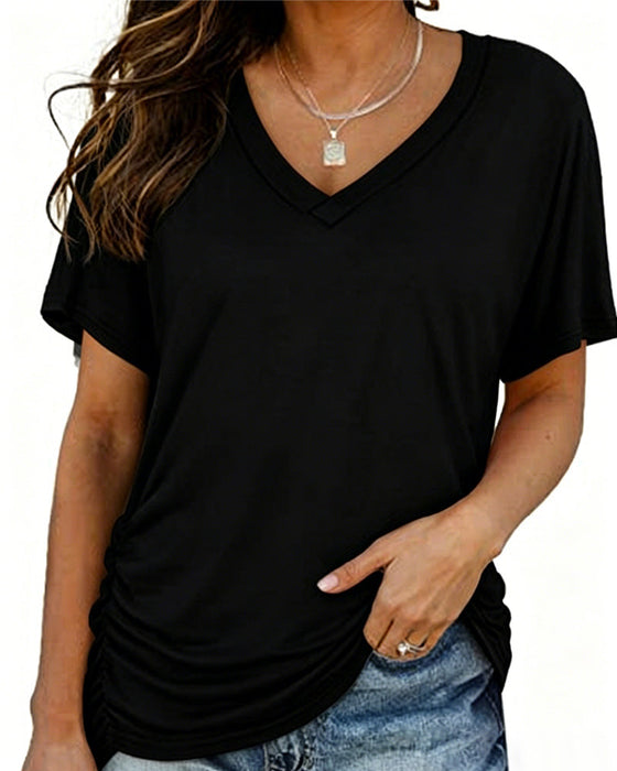 T-Shirt Plissiert Einfarbig V-Ausschnitt