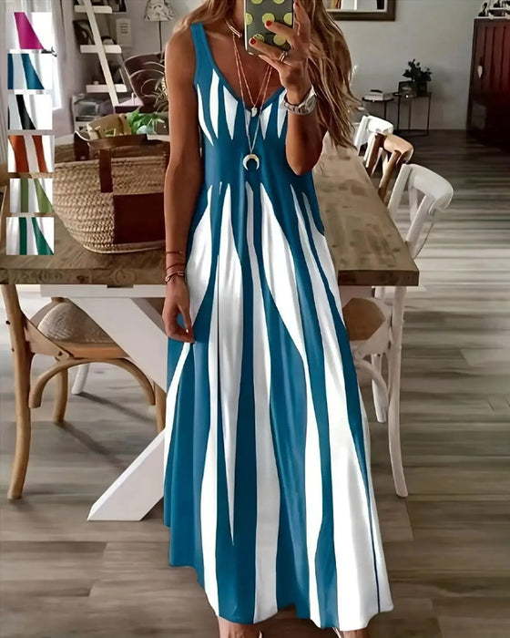 Kleid Gestreift Patchwork Träger V-Ausschnitt