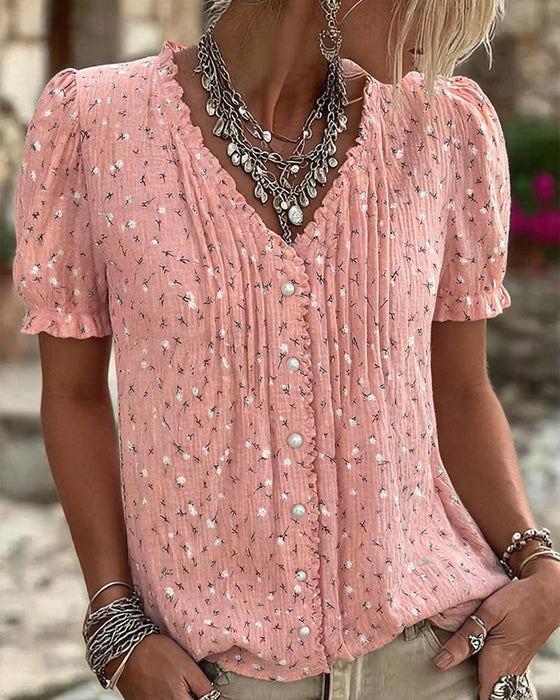 Bluse Puffärmel Blumenprint Kurzarm