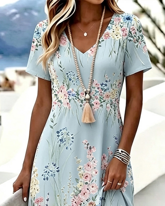Kleid V-Ausschnitt Blumen Kurzarm A-Linie