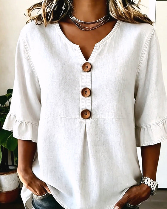 Bluse V-Ausschnitt Ausgestellter Ärmel Denim