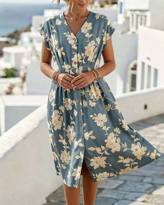 Kleid V-Ausschnitt Print Tailliert Knopfleiste