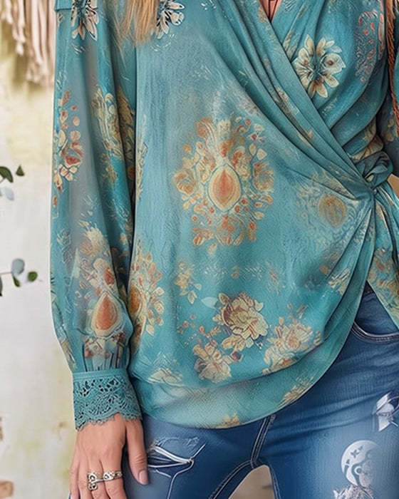 Top V-Ausschnitt Kreuz Gerafft Spitze Patchwork