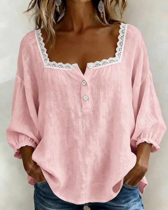 Bluse mit eckigem Ausschnitt Spitze Puffärmel