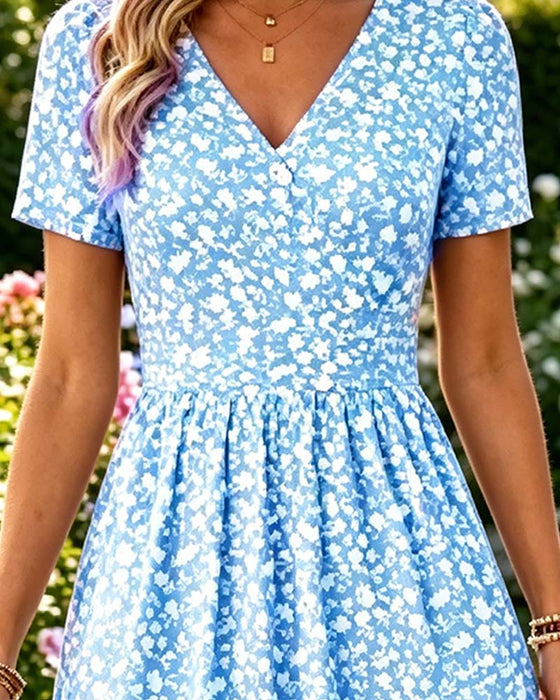 Kleid V-Ausschnitt Kurzarm Kleine Blumen
