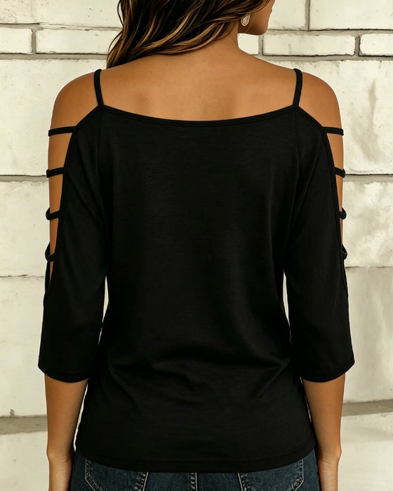 T-Shirt Uni Farbe Ellenbogenlang Ärmel Off-Shoulder