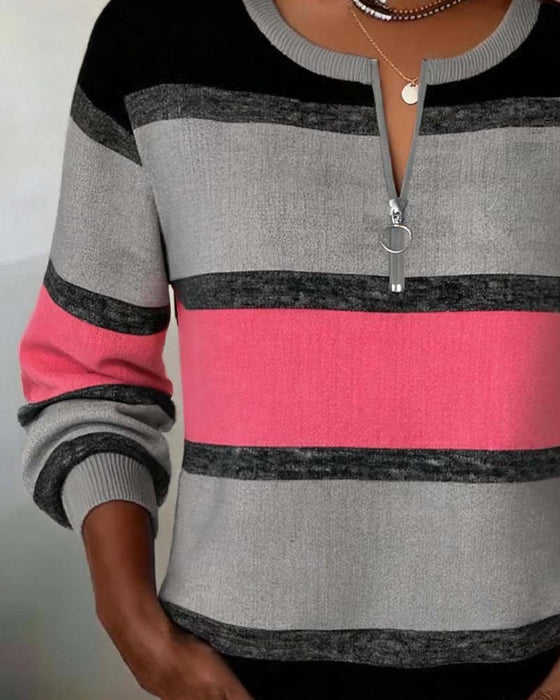 Sweatshirt Reißverschluss Gestreift Langarm