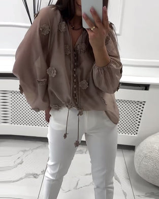 Bluse einfarbig 3D-Blumen Schnürung