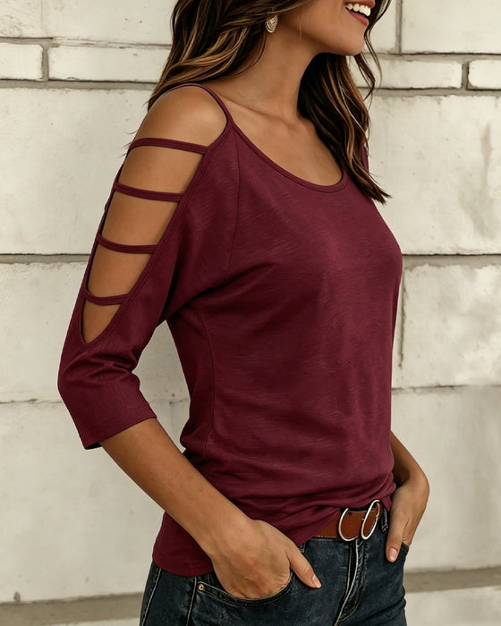 T-Shirt Uni Farbe Ellenbogenlang Ärmel Off-Shoulder