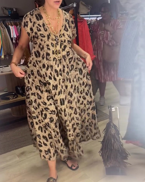 Kleid V-Ausschnitt Leopard Kurzarm