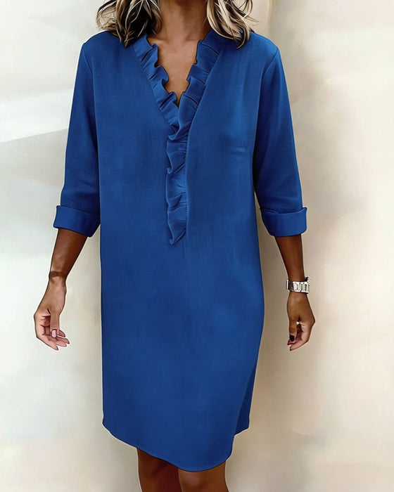 Kleid gerüscht V-Ausschnitt einfarbig