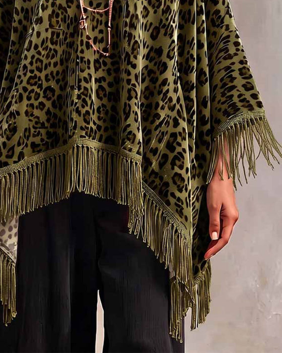 Bluse Fledermausärm Fransen Leopardendruck Locker Samt