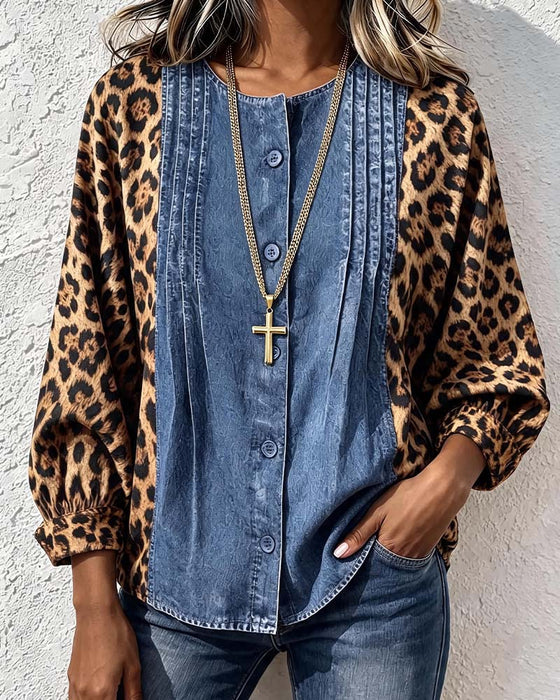 Bluse Rundhals Knopf Leopard Denim Patchwork