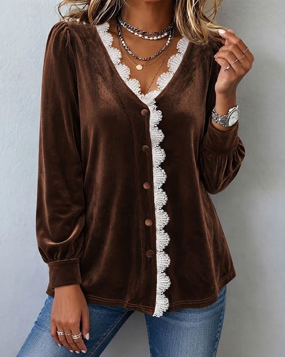 Bluse Samt Spitze Spliced