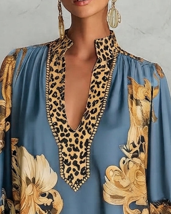 Kleid Leopard Laterne Ärmel Stehkragen Druck
