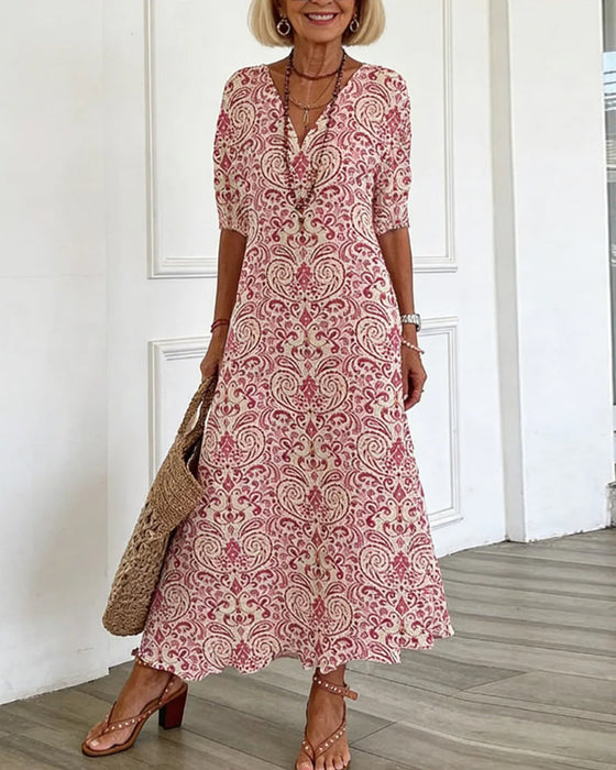 Kleid Vintage Blumenmuster V-Ausschnitt Maxi