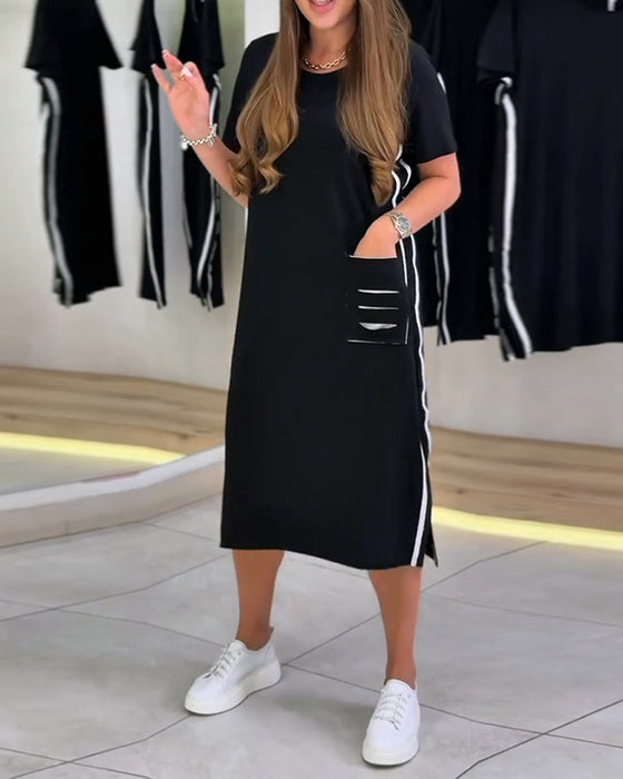 Kleid Seite Weißer Streifen Tasche Gerade