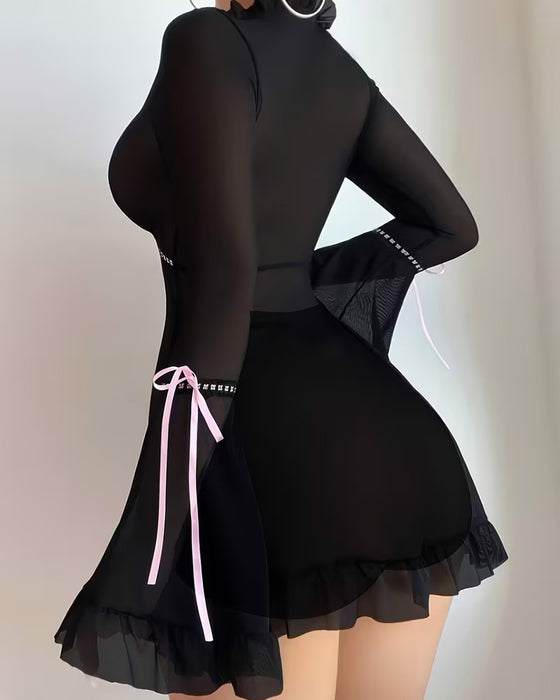 Schlafkleid Langarm Schnürung Durchsichtig